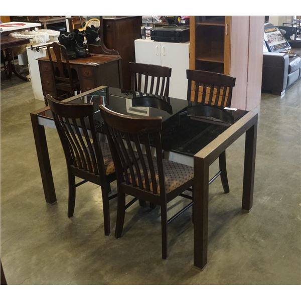 MODERN GLASSTOP DINING TABLE WITH JACKNIFE LEAF AND 4 CHAIRS