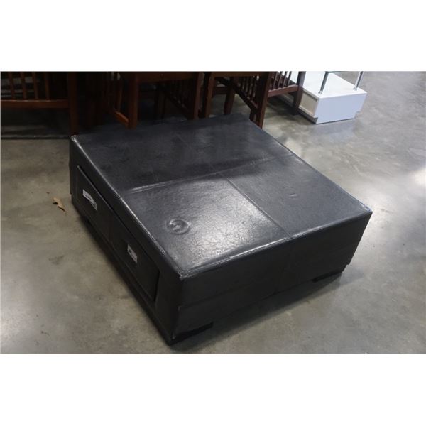 BLACK LEATHER LOOK OTTOMAN WITH DRAWERS - APX 40 X 40 INCHES