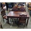Image 1 : SOLID MAHOGANY REPRODUCTION WOOD DINING TABLE WITH 4 CHAIRS - METAL ACCENTS, BRASS STUDDED CHAIR BAC