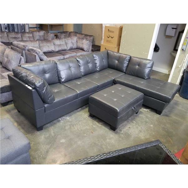 BRAND NEW 4 PIECE GREY AIR LEATHER SECTIONAL SOFA W/ REVERSIBLE CHAISE AND STORAGE OTTOMAN - RETAIL 