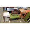 Image 1 : WATERFALL NIGHTSTAND, VINTAGE BENCH, 3 METAL STOOLS, MAGAZINE RACK