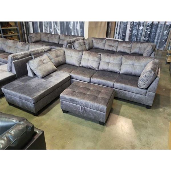 BRAND NEW 4 PIECE GREY FABRIC SECTIONAL SOFA W/ REVERSIBLE CHAISE AND STORAGE OTTOMAN - RETAIL $1999