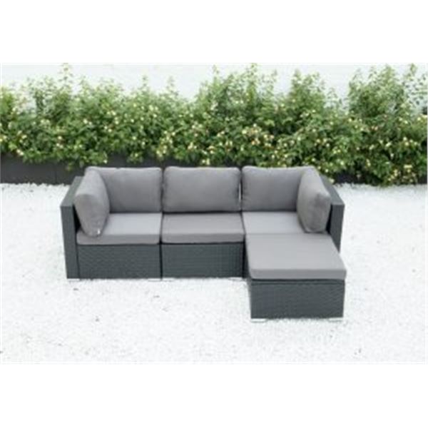 FLOOR MODEL RATTAN OUTDOOR 4 PIECE MODULAR SECTIONAL SOFA W/ DARK GREY CUSHIONS - RETAIL $1299 POWDE