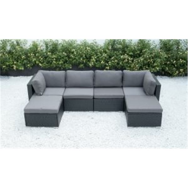 FLOOR MODEL RATTAN OUTDOOR 6 PIECE MODULAR SECTIONAL SOFA W/ DARK GREY CUSHIONS - RETAIL $1499 POWDE