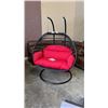 Image 2 : BRAND NEW RED DOUBLE HANGING EGG CHAIR - RETAIL $1969 W/ FOLDABLE FRAME, POWDER COATED STEEL FRAME, 