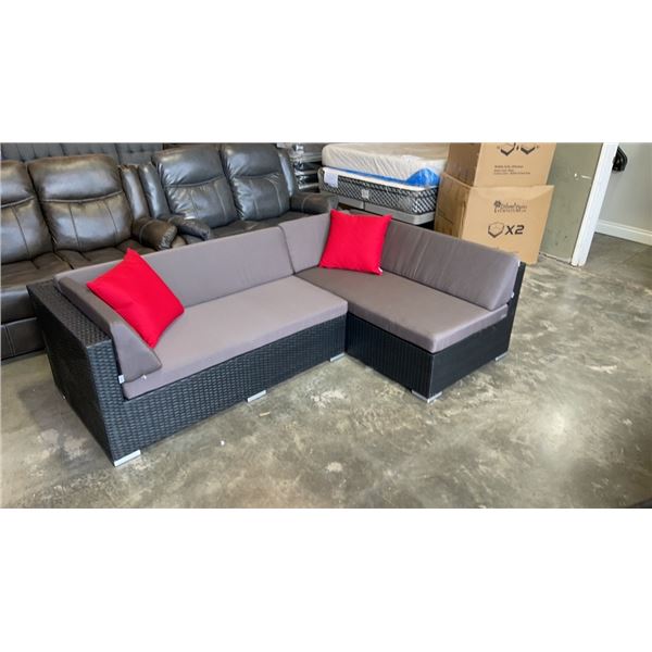 BRAND NEW PREMIUM SMALL L OUTDOOR SECTIONAL RETAIL $1549 W/ DARK GREY CUSHIONS AND 2 ACCENT PILLOWS