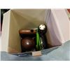 Image 1 : BOX OF DECORATIVE VASES AND COOKING ITEMS, PAN