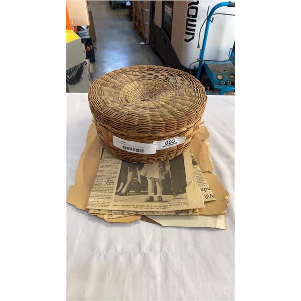 Kennedy asassination papers and woven basket with lid