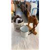 Image 1 : FLOUR JUG WITH CORK, ENAMEL MEASURING CUP AND WOOD CAMEL FIGURE