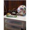 Image 1 : TRAY OF TOY CARS, ANTIQUE KIDS ROLLER SKATES AND SOCCER BALL