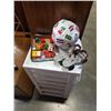 Image 2 : TRAY OF TOY CARS, ANTIQUE KIDS ROLLER SKATES AND SOCCER BALL