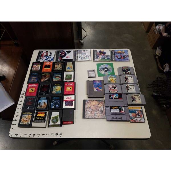 BOX OF VINTAGE VIDEOGAMES, N64, NES, ATARI, PLAYSTATION, TURBO GRAFX 16, GAME DOCTOR FDS DISK