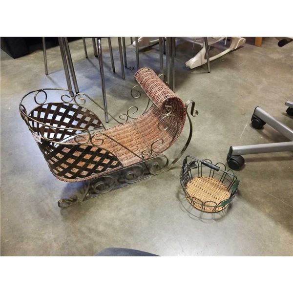 Decorative metal and wicker sleigh with basket