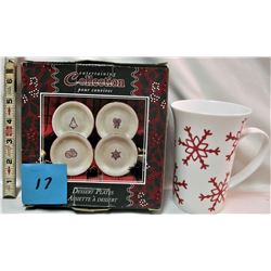 4 Christmas pattern plates 6" & mug