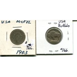 1903 US 5 cents + buffalo nickel