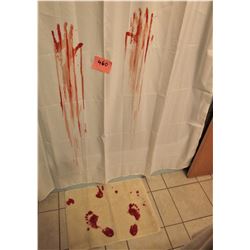 Rare 'blood bath' 68" X 68" shower curtain & 27" X 29" bath mat