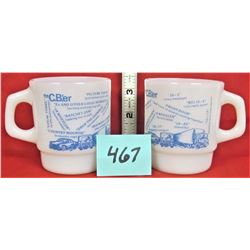 Pair (2) Fire King Cb'er white coffee cups / Blue lithos