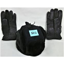 New size 7 faux fur winter hat/ear flaps & pair new size XL leather lined gloves