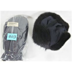 New size 6 7/8 real fur winter hat plus new pair XXL lined genuine black leather mitts