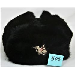 YPAN size 59 Russian Ushanka black fur winter hat with flaps & military badge