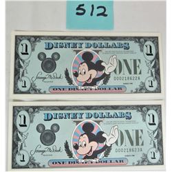 Two (2) 1988 uncirculated consecutive low numered Disney Micket Mouse $1 One dollar bills, D-series