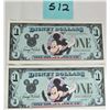 Image 1 : Two (2) 1988 uncirculated consecutive low numered Disney Micket Mouse $1 One dollar bills, D-series