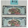 Image 2 : Two (2) 1988 uncirculated consecutive low numered Disney Micket Mouse $1 One dollar bills, D-series