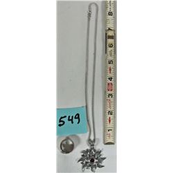 17" .925 Sterling Silver chain/abstract pendant has red stone inset custom silver spoon size 6.5 rin