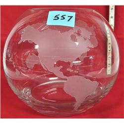 Rare 9" clear glass bowl WORLD GLOBE with etched frosted continents
