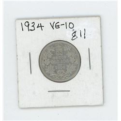 1934 Canada 25 Cent Coin VG-10