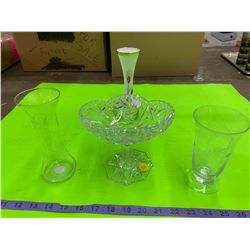 Lot Etched Glass Vases & Pedestal Bowl Etc.