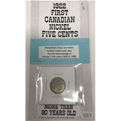 1922 First Year Of Issue For Nickel Five Cents