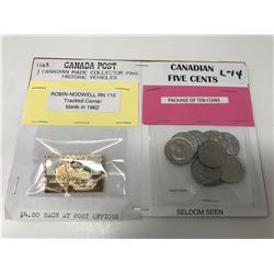 Canada Post Historic Pin And Nine Seldom Seen Canadian 5 Cents