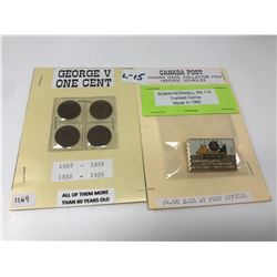 Four George V One Cent And Historic Canada Post Pin
