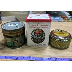 3 Tins Collector Tins "Canada Remembers" + Rawleighs + Etc.