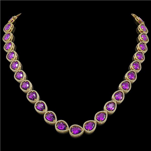 43.2 ctw Amethyst & Diamond Micro Pave Halo Necklace 10k Yellow Gold - REF-603K3Y