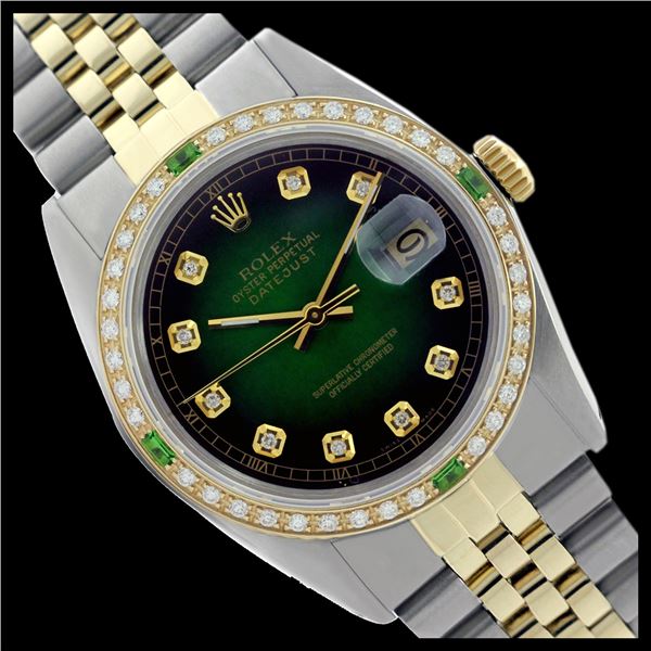 Rolex Men's Two Tone 14K Gold/SS, QuickSet, Diam Dial & Diam/Emerald Bezel