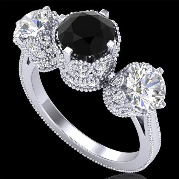 3.06 ctw Fancy Black Diamond Art Deco 3 Stone Ring 18k White Gold - REF-294G9W