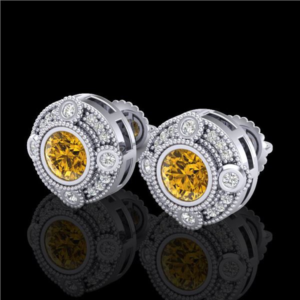 1.5 ctw Intense Fancy Yellow Diamond Art Deco Earrings 18k White Gold - REF-245A5N