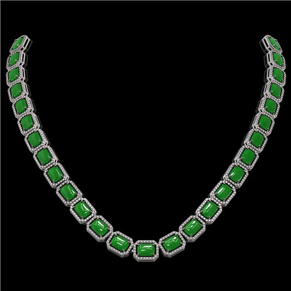56.69 ctw Jade & Diamond Micro Pave Halo Necklace 10k White Gold - REF-673X8A