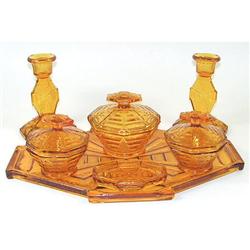 Bagley COBWEB Amber Glass Art Deco Vanity Set #1582920