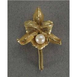 18k gold orchid pin set  with a cultured pearl #1593045