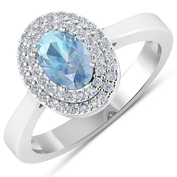 Natural 0.76 CTW Aquamarine & Diamond Ring 14K White Gold - REF-36X9K