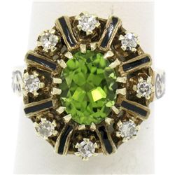Vintage 14K Yellow Gold 2.43 ctw Oval Peridot Diamond & Black Enamel Halo Ring