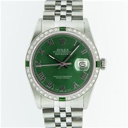 Rolex Mens Stainless Steel Green Roman Diamond & Emerald Datejust Wristwatch