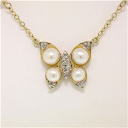 14K Yellow Gold Pearl & Diamond Butterfly Pendant Necklace w/ Pearl By the Yard