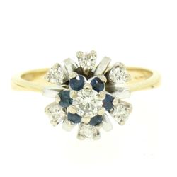 14k Yellow & White Gold 0.65 ctw Diamond Sapphire 3 Tiered Starburst Cluster Rin