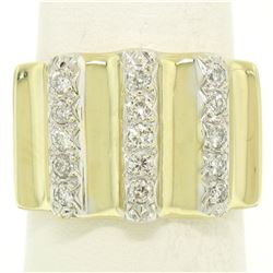 Italian 14K Solid Yellow Gold .35 ctw G VS Diamond Vertical Grooved Wide Band Ri