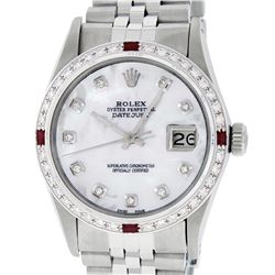 Rolex Mens Stainless Steel MOP Diamond & Ruby 36MM Oyster Perpetual Datejust