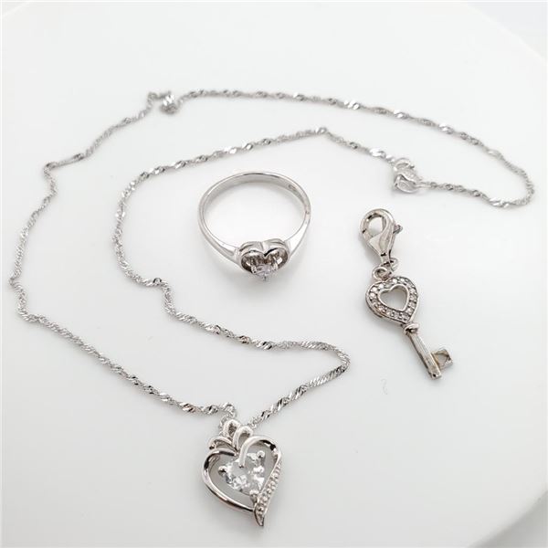 Silver Cubic Zirconia Heart Shaped Pendant Necklace,Ring And Key Charm Set (~length 16inches), Sugge